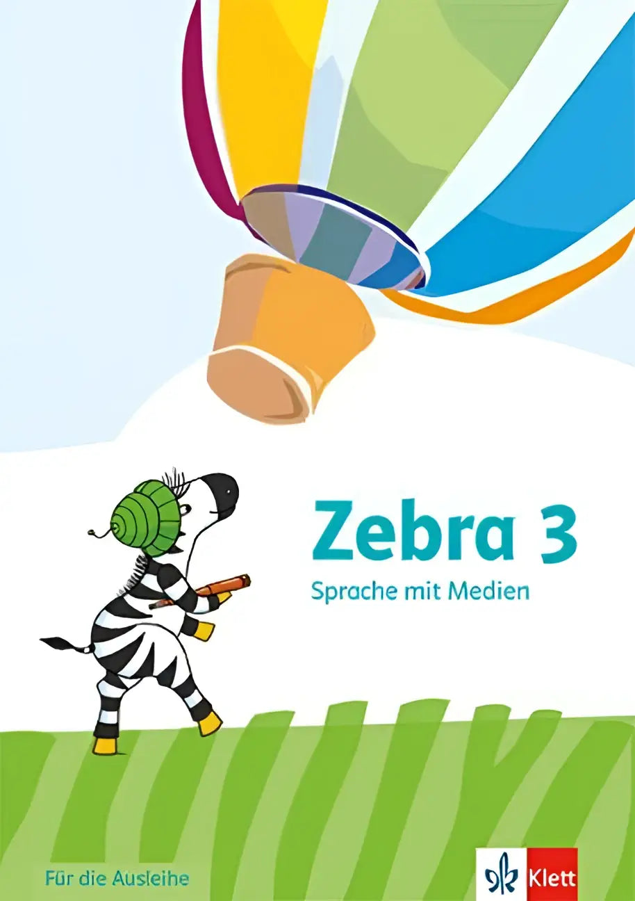 Kleurig arbeitsheft sprache mit cover met cartoon zebra met groene koptelefoon en gele schoenen onder regenboogballon