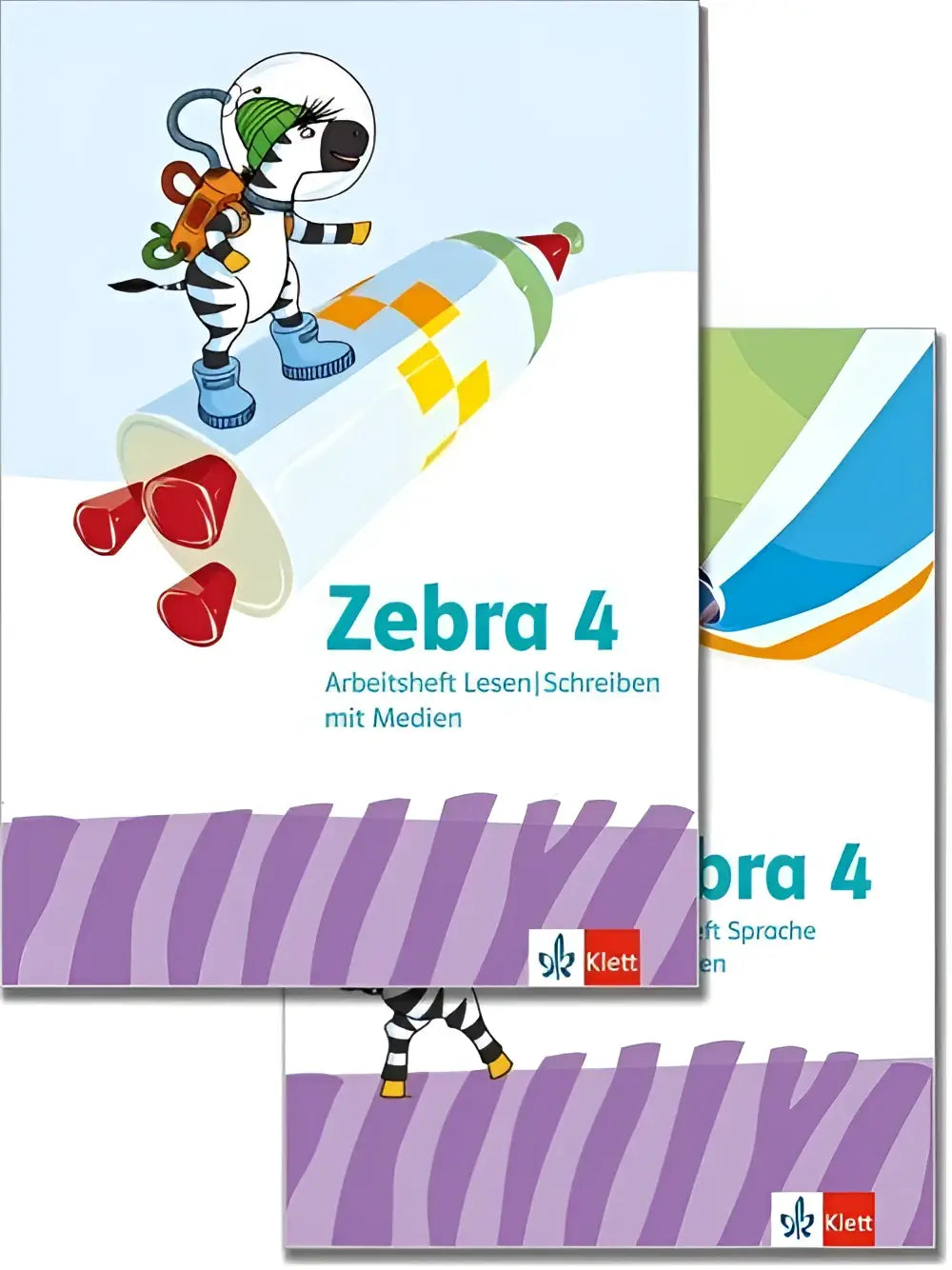 Zebra 4 arbeitsheft lesen schreiben mit farbigem zebra-astronauten auf rakete von klett für klasse 4
