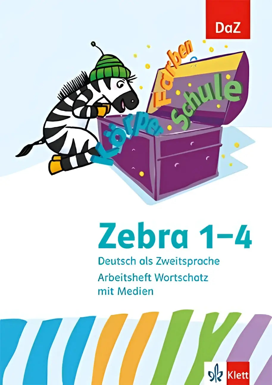 Paarse schatkist met gele deksel met cartoon zebra en kleurrijke tekst van arbeitsheft wortschatz mit medien klasse 1-4