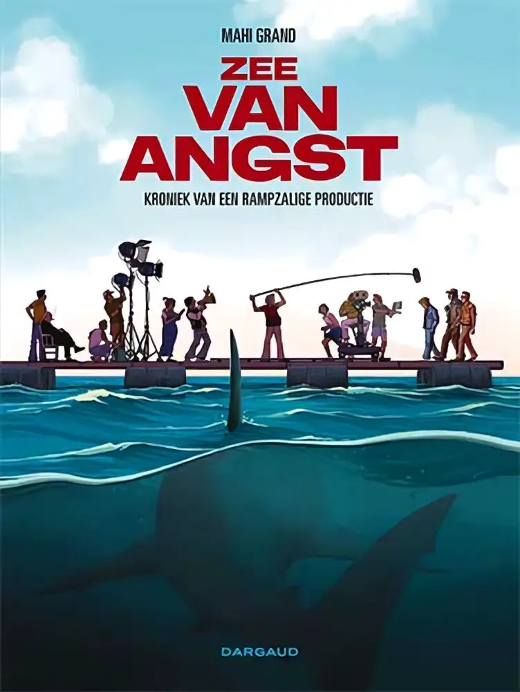 The cover of the graphic novel zee van angst by mahi grand features bold red and black text on a blue ocean background, strips algemeen dargaud france