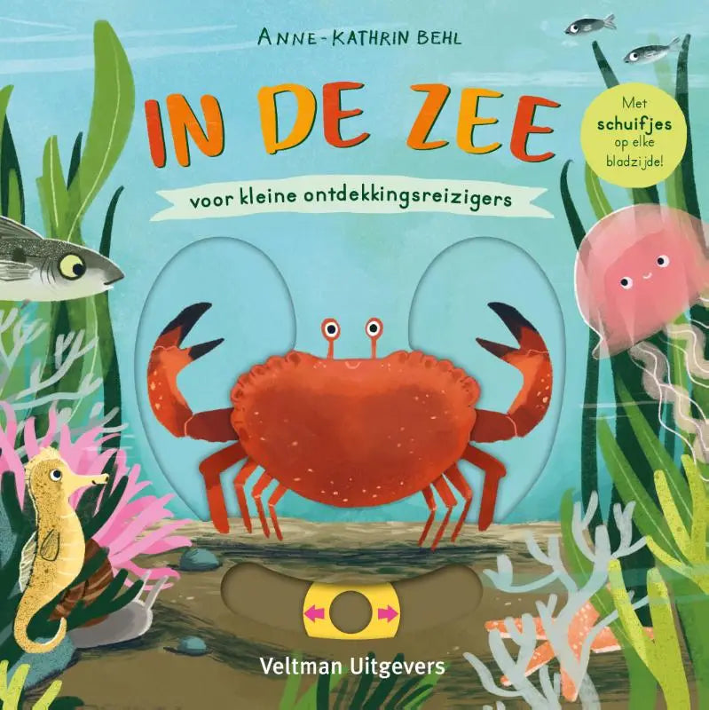 A vibrant orange crab with black-tipped claws and googly eyes on the cover of in de zee for jonge lezers and kleine ontdekkingsreizigers