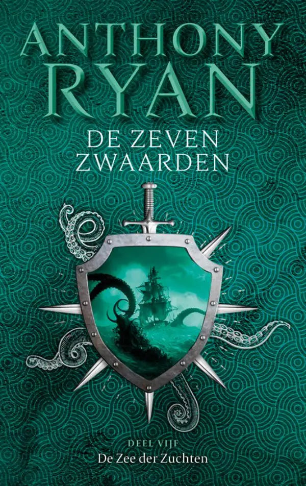 De zee der zuchten boek met metalen zilveren schild en octopuszwaard op teal achtergrond van anthony ryan luitingh sijthoff