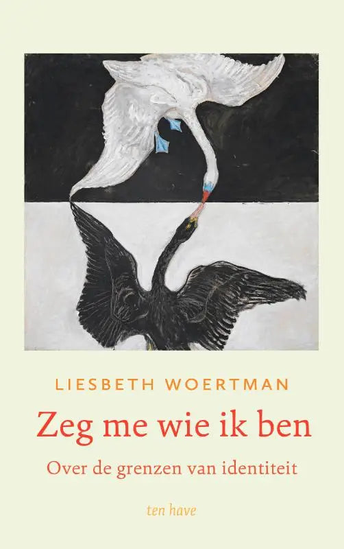 Boekcover zeg me wie ik ben met zwart-wit illustratie van twee zwanen die elkaar raken over grenzen van identiteit