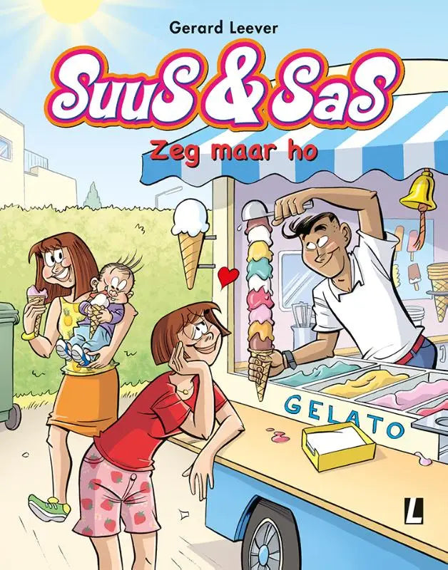 De kleurrijke gelato kar met blauw-wit gestreept luifel en gelato tekst in het product zeg maar ho van gerard leever algemeen publiek