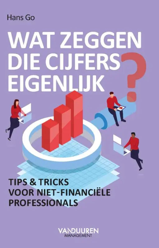 Het boek wat zeggen die cijfers eigenlijk heeft witte tekst op een paarse achtergrond voor niet-financiële professionals