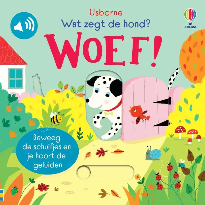Een speelse dalmatiër puppy met zwarte vlekken en een rode halsband die uit een roze deur piept op de cover van het usborne schuif kinderboek wat zegt de hond van usborne publishers