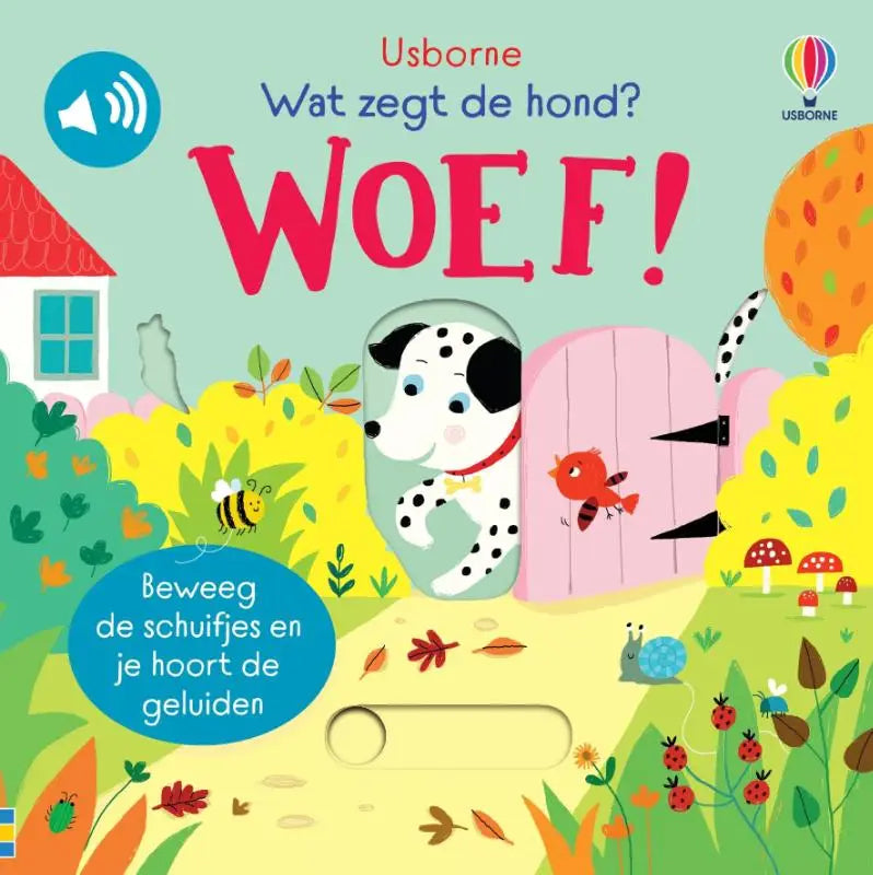 Een interactieve kinderboekcover met een speelse dalmatiër puppy met zwarte vlekken en rode halsband voor jonge lezers