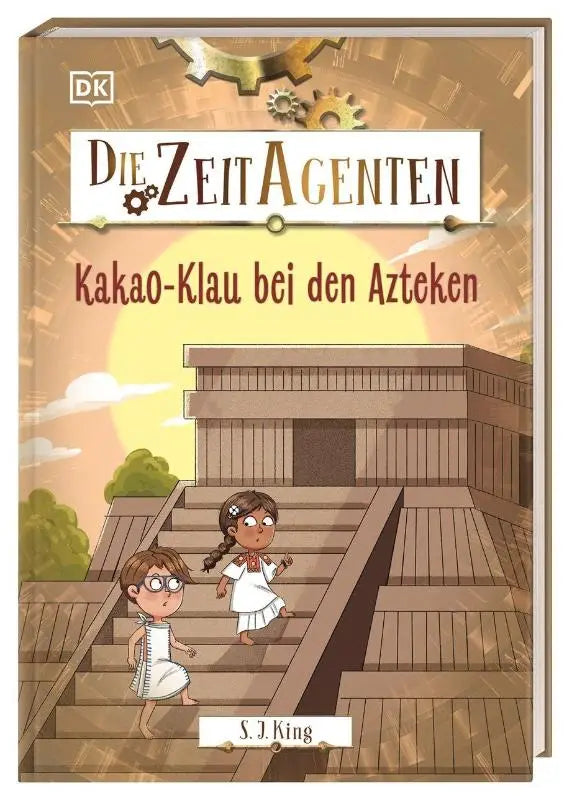Een kinderboek met een bruine omslag van die zeit-agenten 8 toont twee kinderen die stenen trappen bij azteekse architectuur beklimmen bij zonsondergang
