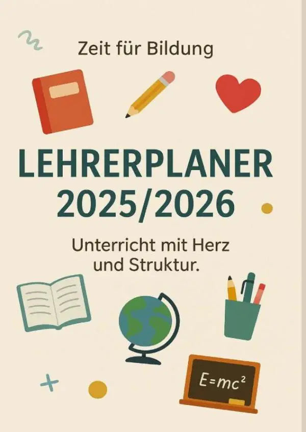 2025/2026 bildung lehrerplaner mit bunten icons und deutschem text für unterricht mit herz und schuljahresplanung leicht gemacht