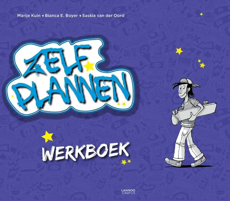 Paarse boekomslag van het zelf plannen werkboek met een cartoonfiguur en de titel in blauw-witte letters