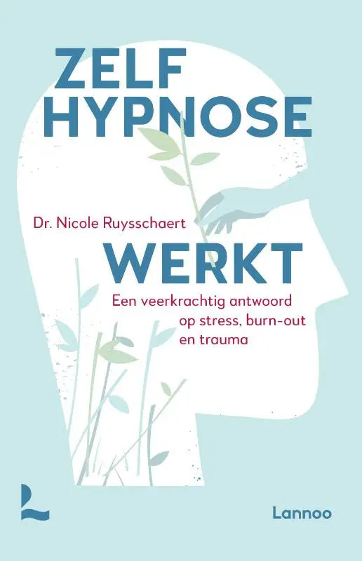 Boekcover van zelfhypnose werkt met veerkrachtig antwoord in blauwe letters en witte hoofd silhouet met groene bladeren