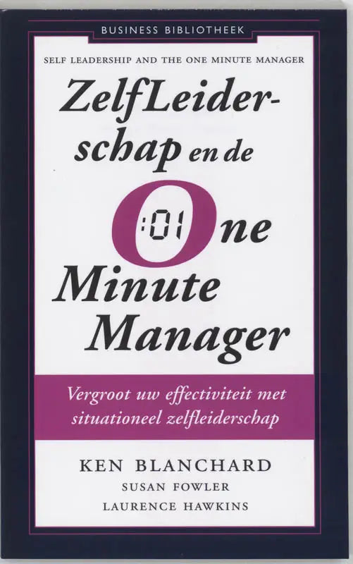 Paars-wit hardcover boek zelfleiderschap en de one-minute manager over situationeel zelfmanagement en effectiviteit