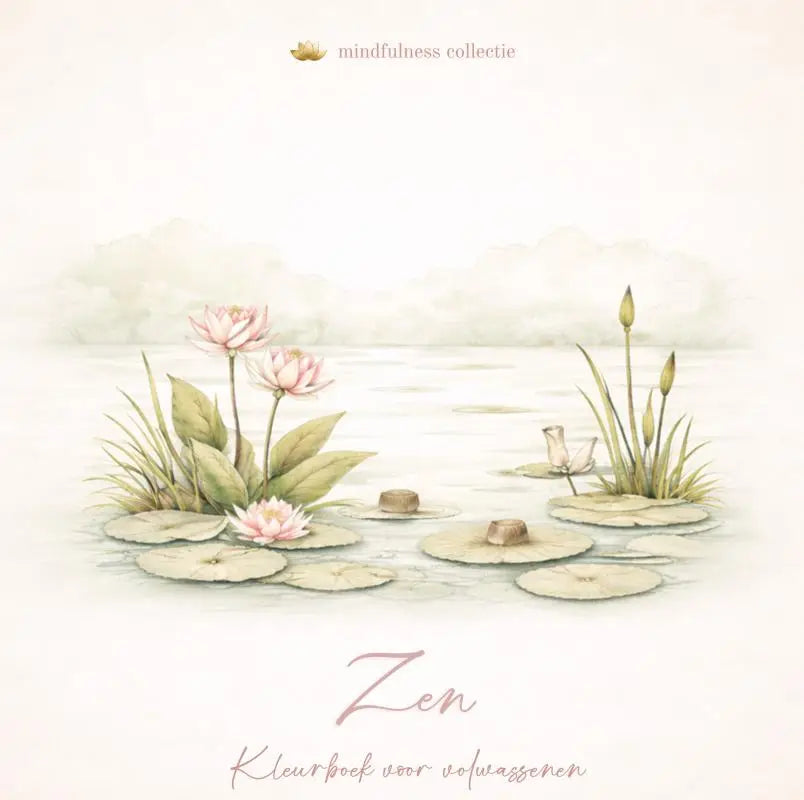 Een zacht aquarel van roze lotusbloemen en groene waterlelies in het zen kleurboek mindfulness collectie