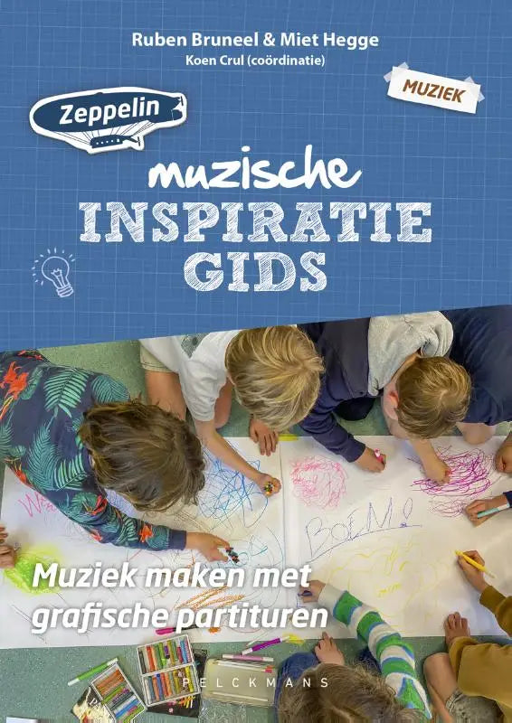 Blauwe cover van zeppelin inspiratiegids met grafische partituren met illustraties van kinderen die tekenen