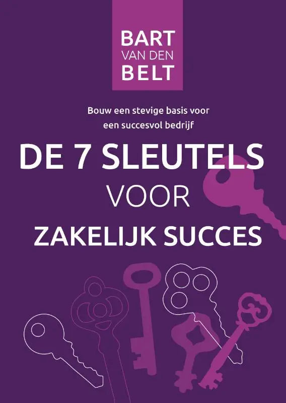 Paars boek met titel de 7 sleutels voor zakelijk succes van bart van den belt met gestileerde sleutels