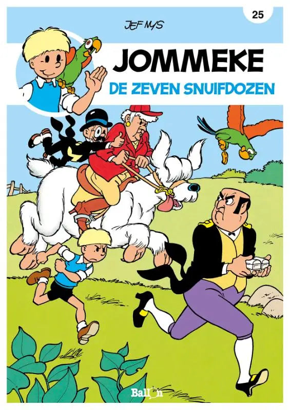 Jommeke comic book cover de zeven snuifdozen by jef nys shows vibrant cartoon characters in motion on bright green field