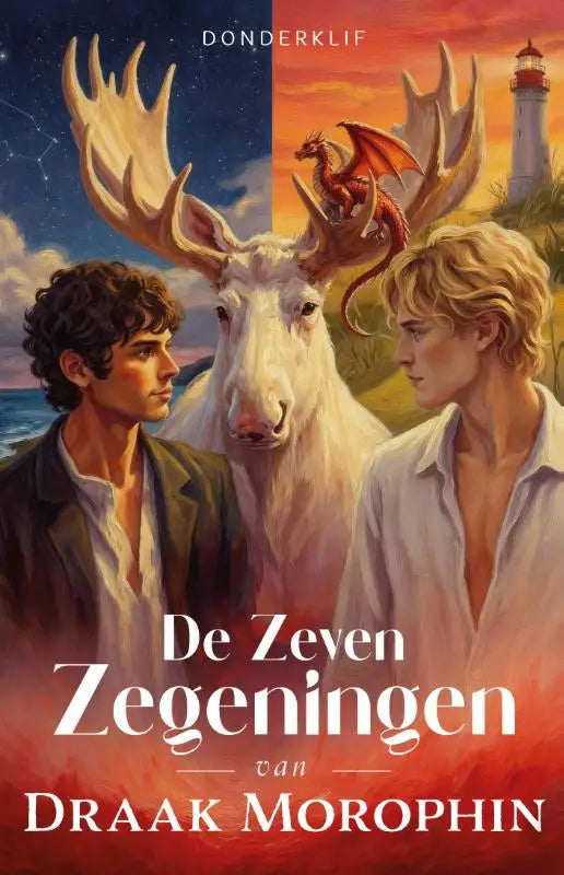 De cover van het fantasyboek de zeven zegeningen van draak morophin met een witte eland en een rode draak