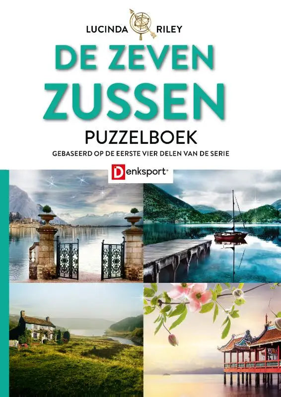 De cover van lucinda riley’s zussen puzzelboek met een collage van landschappen en architectuur in denksportuitgave