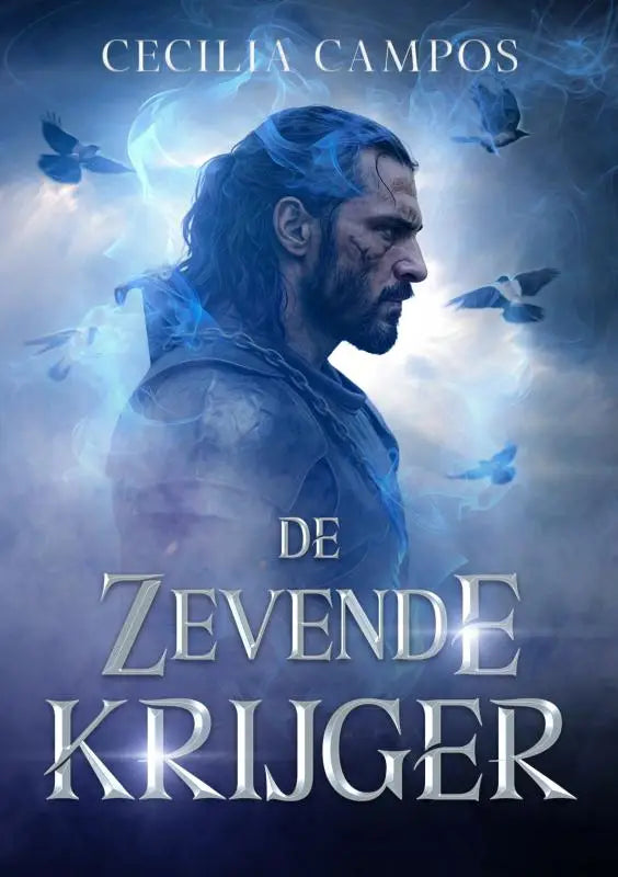 De cover van het boek de zevende krijger toont een ruige man in donkerblauw pantser met gloeiende energie