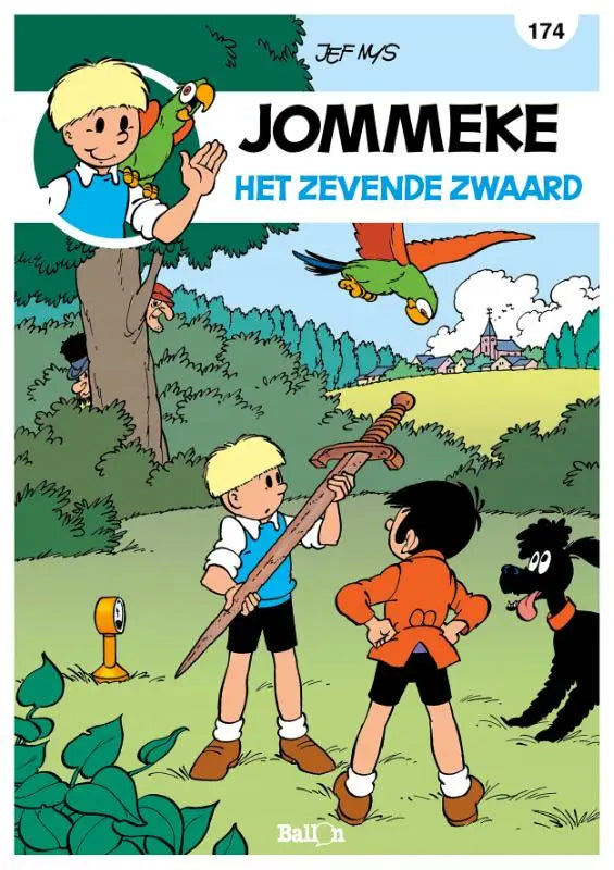 De cover van het jommeke stripboek het zevende zwaard toont twee jongens in buitenkleding met kleurrijke papegaaien