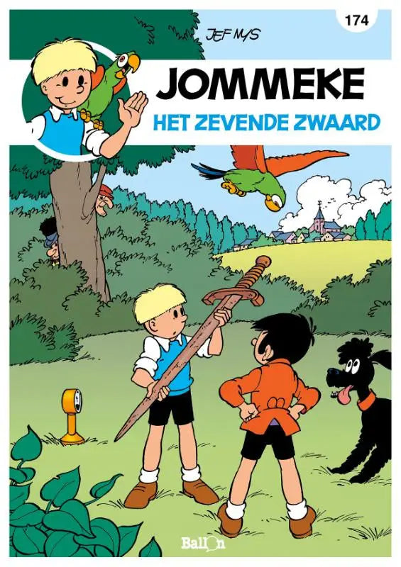 Cartoonillustratie van een jongen met een lang, sierlijk zwaard met bruine greep en zilveren lemmet uit zeven de zwaard van jef mys strips algemeen