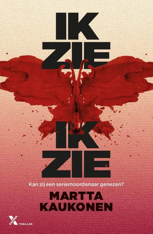 De voorkant van het boek Ik zie ik zie toont zwart tekst en een rood vlinderdesign op een gradient achtergrond