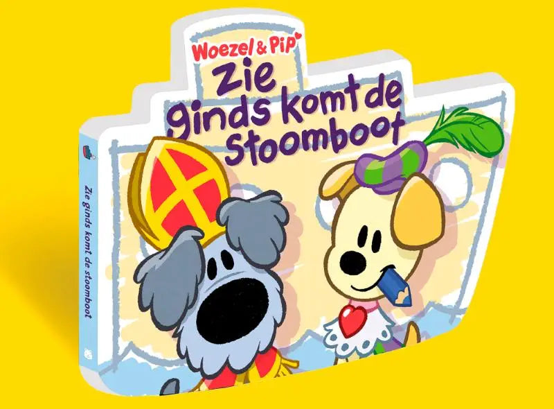 Een kleurrijk kinderboek zie ginds komt met cartoonhonden en een geel-rood schild, paarse strik en potlood op de cover
