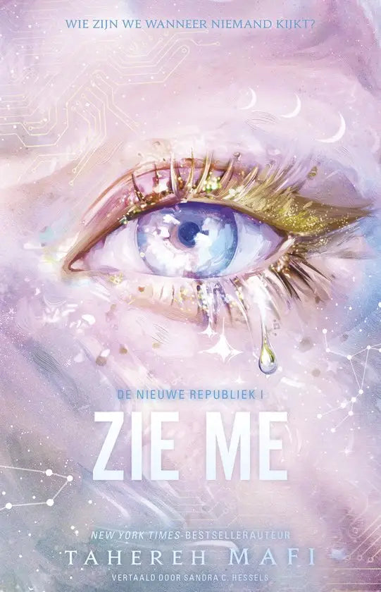 Een prachtig geïllustreerde oog met gouden wimpers en blauwe iris op zachte pastel achtergrond voor nieuwe republiek tahereh mafi ark island