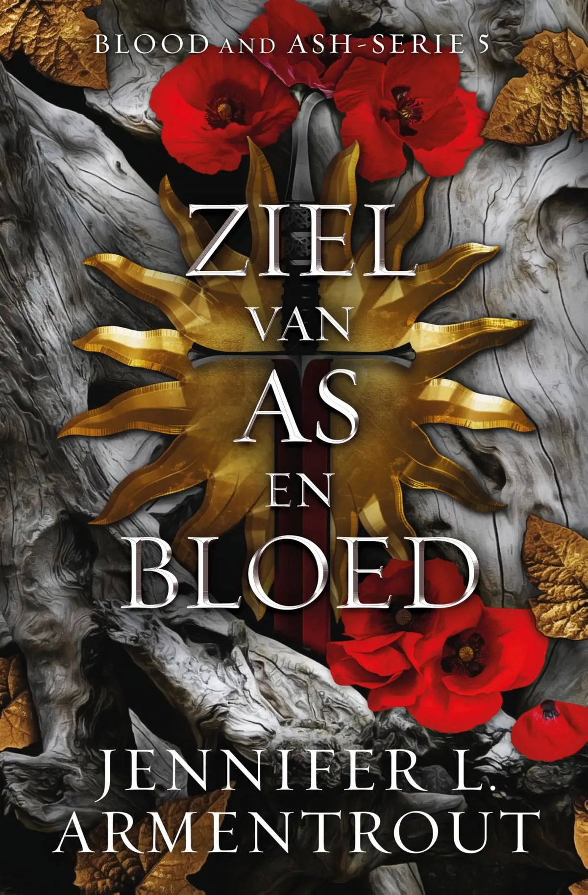 De boekcover van ziel van as en bloed toont een gouden zonnestraal op een donkere, grijze bastachtergrond met rode accenten