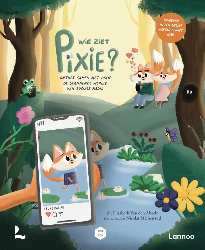 Smartphone toont cartoon vos met tekst leuke dag en hartjes in sociale media post van ziet pixie spannende wereld