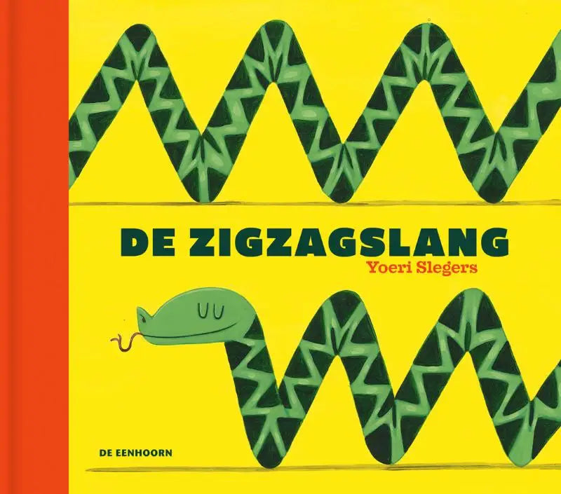 Vibrante gele kinderboekencover met een speelse groene zigzagslang voor jonge lezers in de zigzagslang