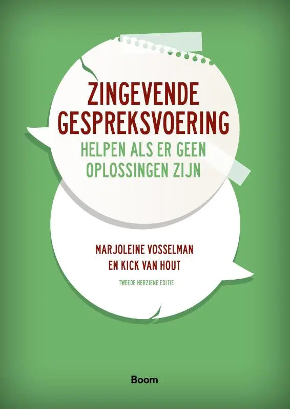 De boekcover van zingevende gespreksvoering door marjoleine vosselman toont rode en groene tekst op witte spraakbel tegen groene achtergrond van koninklijke boom uitgevers