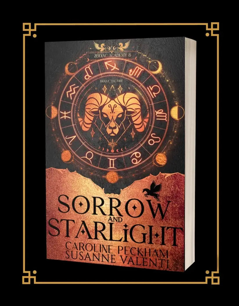 Donkere boekenkaft met gouden ramshoofd op astrologische sterrenwiel en titel sorrow and starlight in zwarte letters