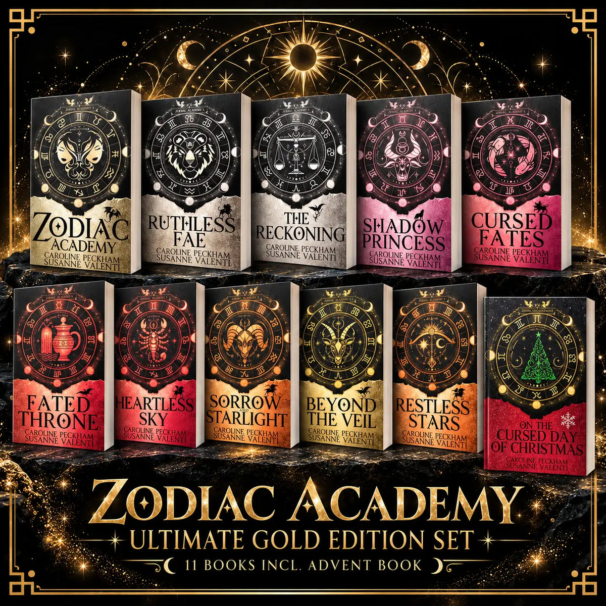 Het zodiac academy ultimate gold edition set met 11 boeken met goudfolie en donkere zodiak covers