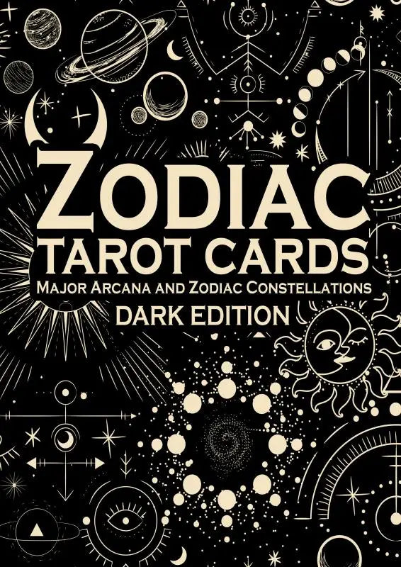 Black and cream-colored zodiac tarot cards cover featuring major arcana and zodiac constellations illustrations
