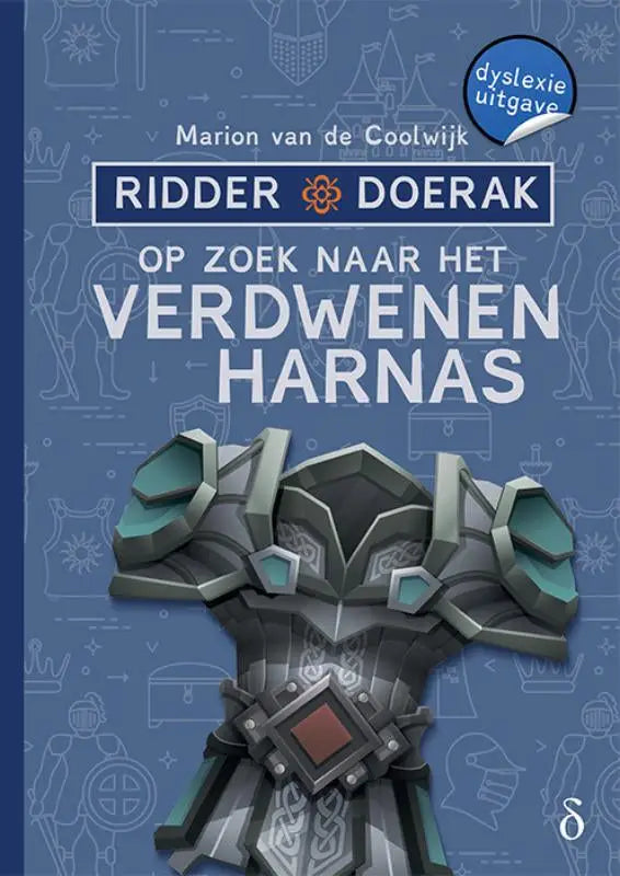 Een gestileerd metalen grijs en teal ridderharnas met geometrische patronen en een rode edelsteen uit serie ridder doerak verdwenen harnas