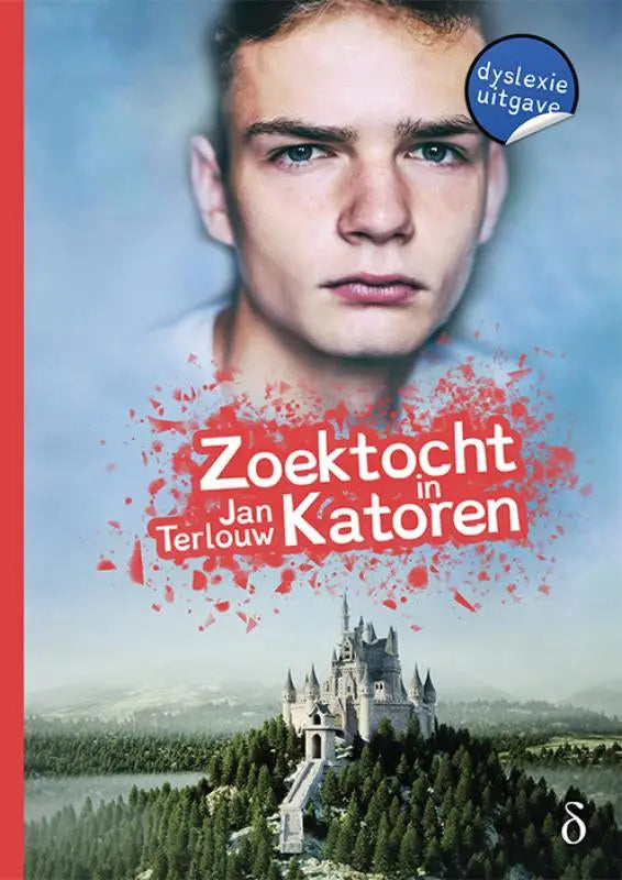 De boekcover van Zoektocht in Katoren toont een jongeman met groene ogen en donkere haren tegen een blauwe lucht