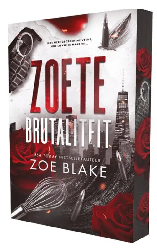 Rood en zwart hardcover boek zoete brutaliteit van zoe blake met dramatisch omslag ontwerp meedogenloze obsessie