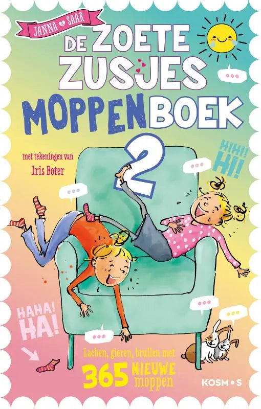 De zoete zusjes moppenboek 2 met een lichtgroene fauteuil en speelse cartoon zusjes tegen een kleurrijke achtergrond