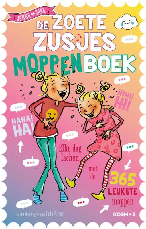 De zoete zusjes moppenboek cover met twee lachende meisjes en kleurrijke bubbels voor elke dag lachen met leukste moppen