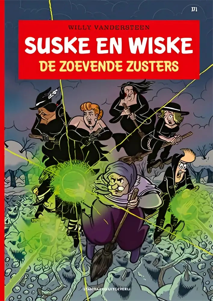 De cover van het suske en wiske album de zoevende zusters toont dynamische karakters in zwart-paarse outfits