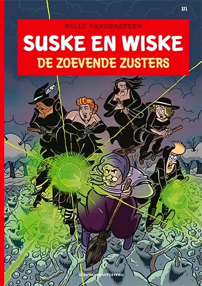 De cover van de suske en wiske comic zoevende zusters van willy vandersteen toont personages in zwarte kleding