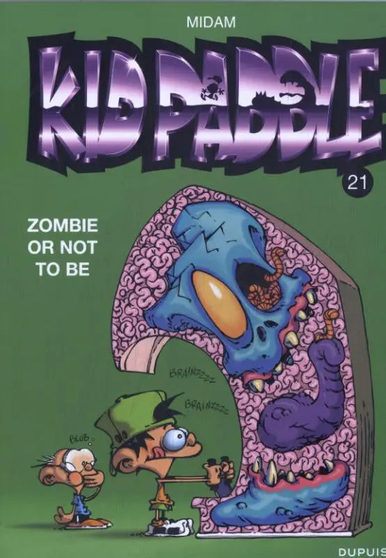 Purple and blue comic book cover of kid paddle issue 21 zombie or not featuring a zombie-like skull with brains