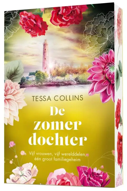 Vijftig vrouwen vijf werelddelen één groot familiegeheim op een gele boekcover met vuurtoren en roze rode bloemen