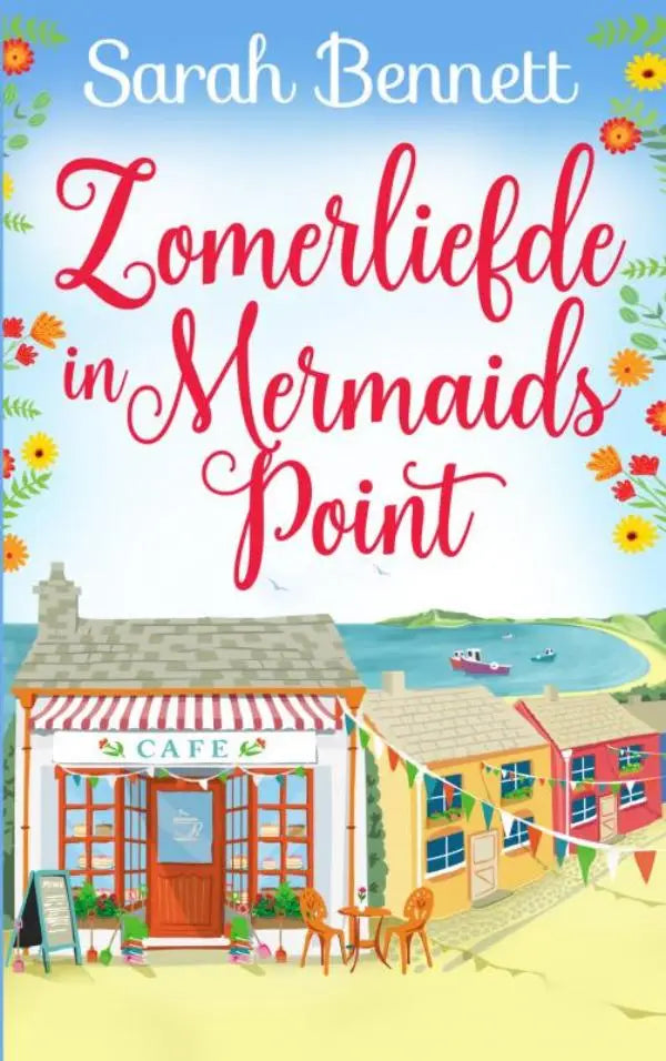 The book zomerliefde in mermaids point shows a seaside café with red and white striped awning and outdoor seating