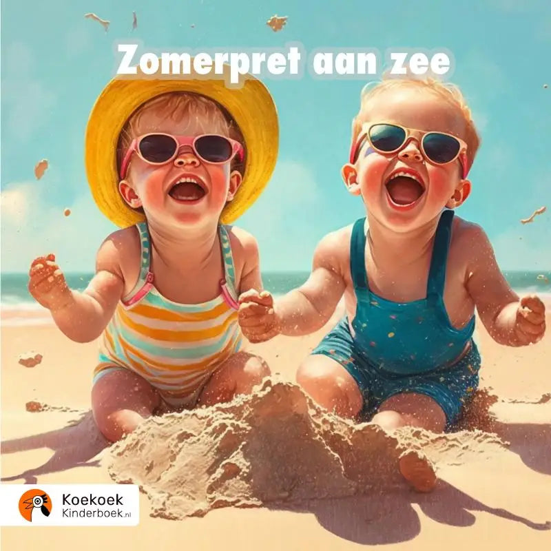 Twee blije baby’s in zomerse strandkleding voor leuke avonturen geschikt voor jonge lezers met zomerpret aan zee
