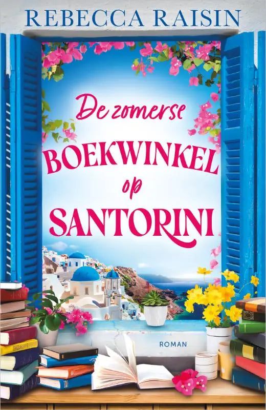 De zomerse boekwinkel op santorini boekomslag met levendige illustratie van santorini blauwe koepelgebouwen en roze bloemen