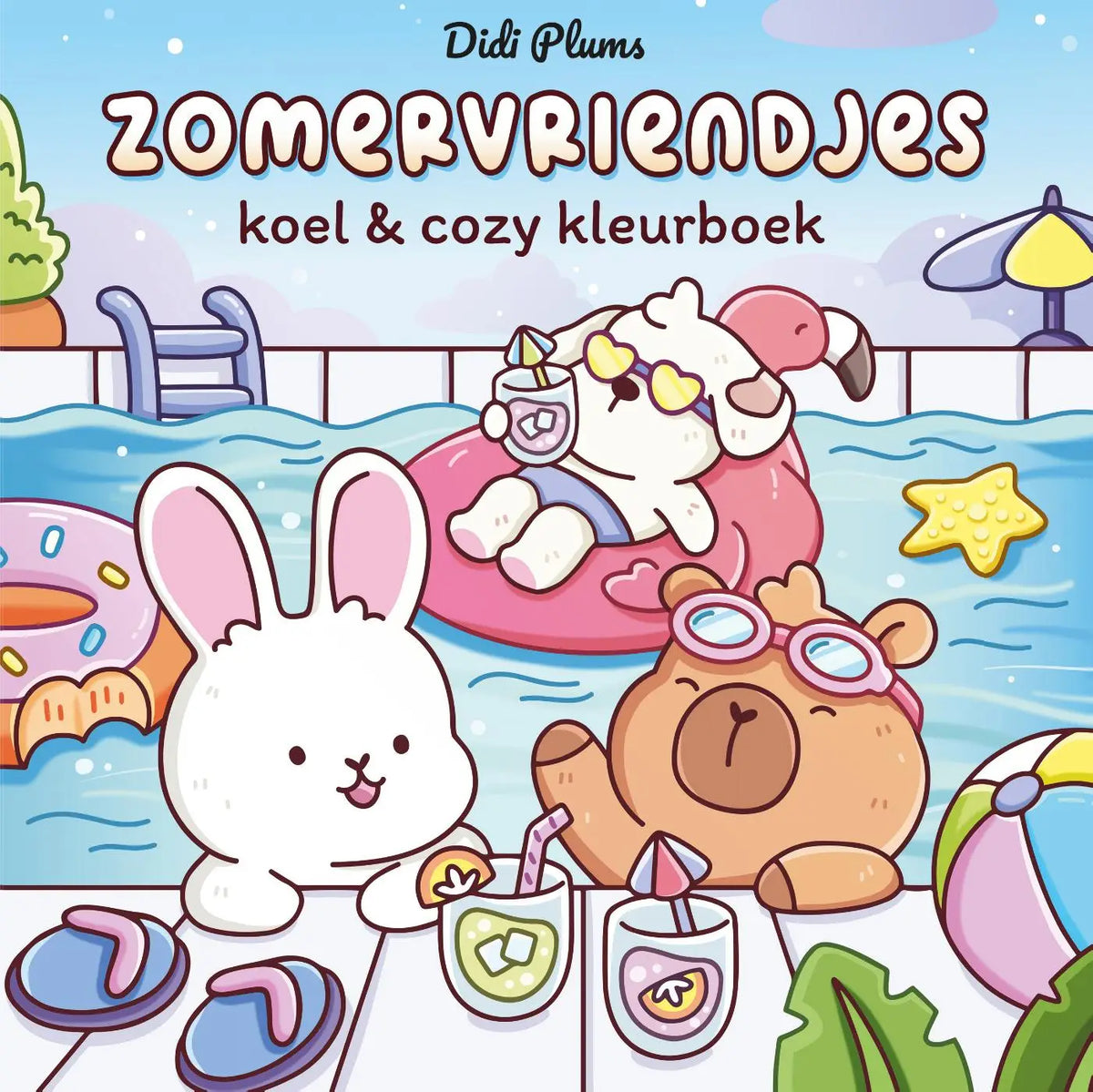 Kleurboek zomervriendjes met kleurrijke cartoon dieren bij het zwembad ideaal cozy kleurboek van didi plums