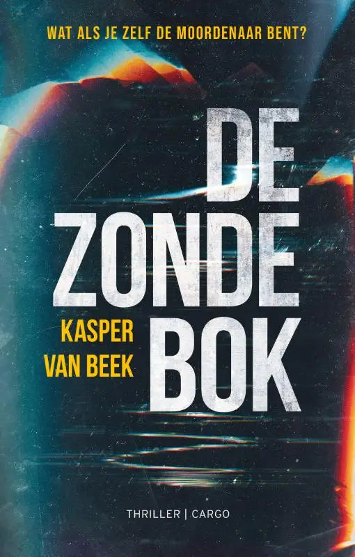De zondebok boekcover met opvallende witte en gele tekst op een donkere glitch-achtergrond met vurige oranje accenten