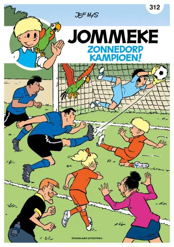 De cover van het stripboek zonnedorp kampioen door jef mys met levendige kleuren en actie gericht op algemeen publiek